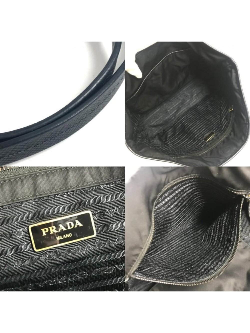 Prada Tote Kaietron Pull Belt Logo Stripe Leather Nylon Black - Picture 8 of 9